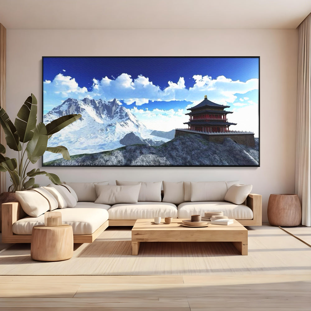 Tablou canvas cu tablou canvas cu templu si munti, in rama de aluminiu negru, pe perete intr-un living